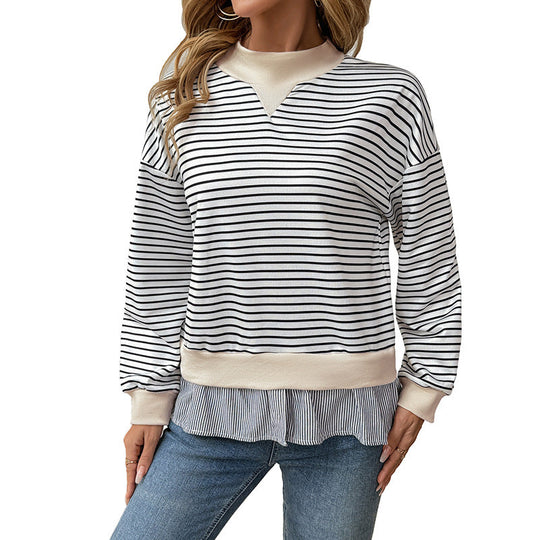 Damen Gestreiftes Layering-Sweatshirt mit Chiffon‑Einsatz und kontrastierendem Stehkragen Nord Taschen