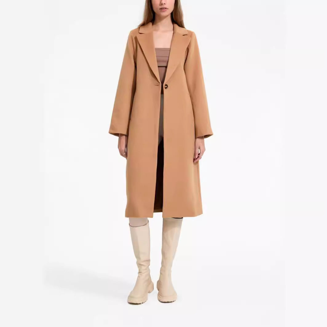 Damen Midilanger Einreihiger Wollmix-Mantel mit minimalistischem Schalkragen Nord Taschen