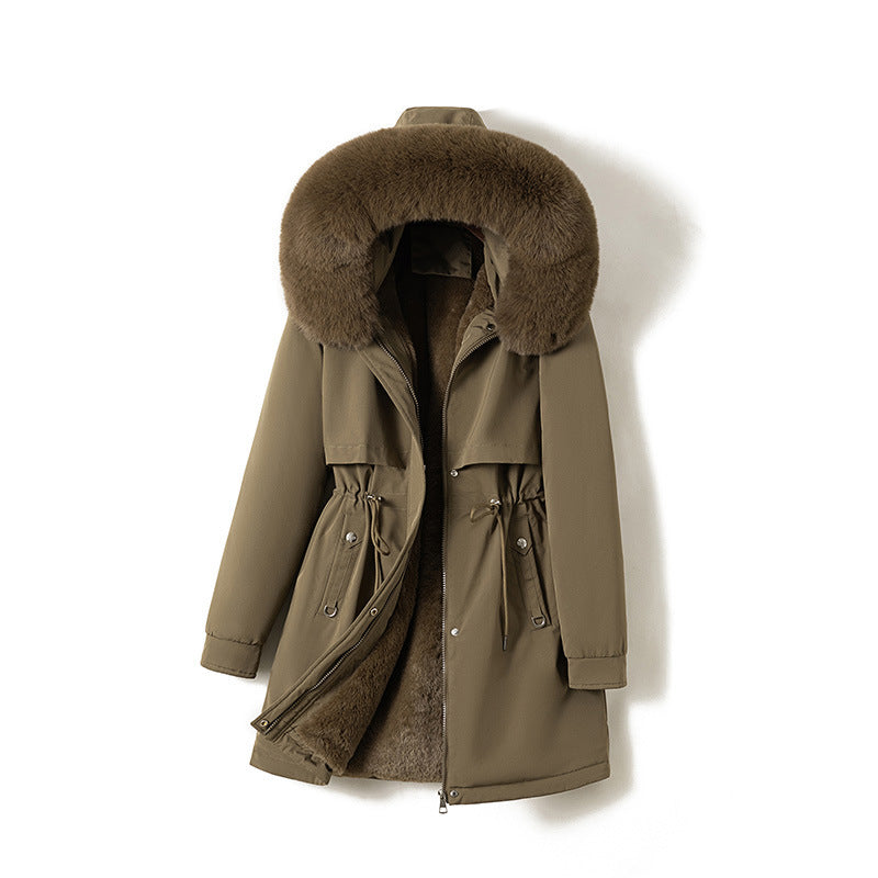 Damen nan moderner Thermoparka im Clean‑Look mit Oversize‑Fellkapuze, innenweichem Teddyfutter und verstellbarer Taille Nord Taschen