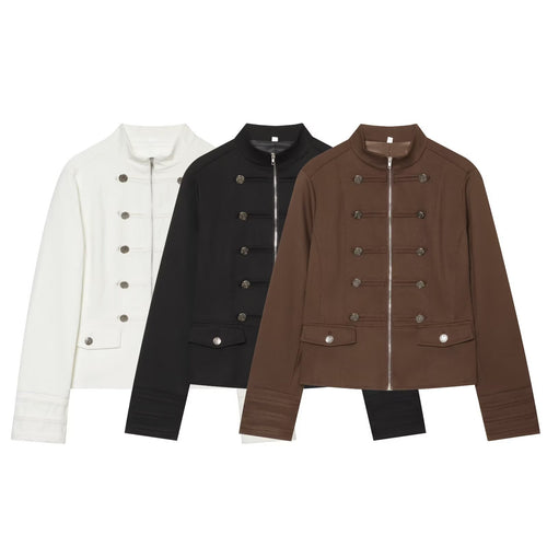 Damen Militärinspirierte Kurzjacke mit Stehkragen und Zierknöpfen Nord Taschen