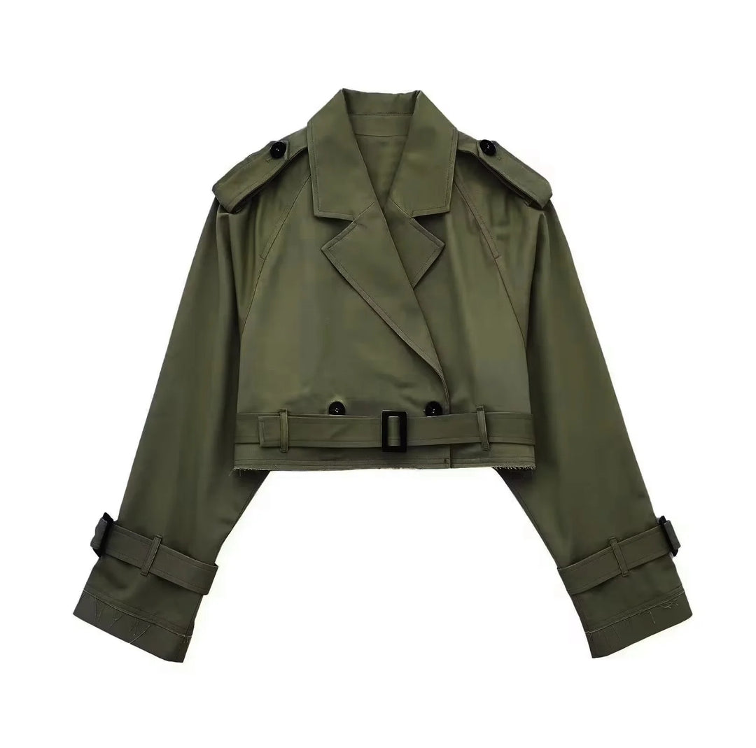 Damen kurzgeschnittene Trenchjacke mit Epauletten, Taillengürtel und verstellbaren Manschetten Nord Taschen