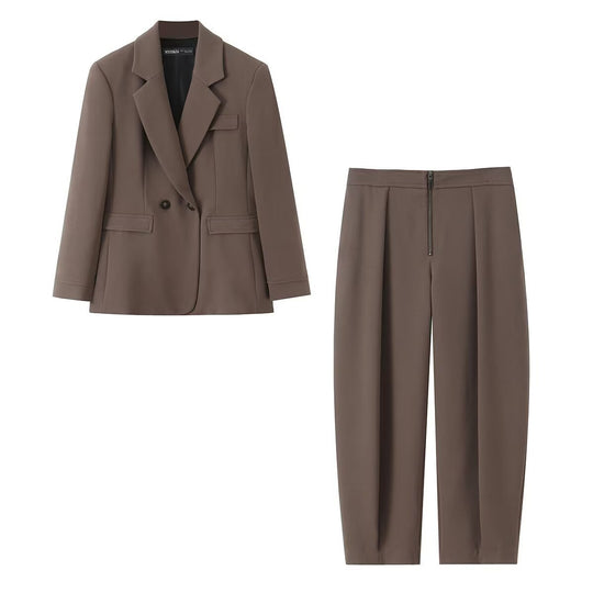 Damen Zweiteiliges Anzugset mit tailliertem Doppelreihigem Blazer und hochtaillierter Bundfaltenhose Nord Taschen