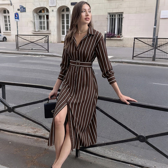 Damen Hemdblusenkleid mit Taillengürtel und vertikalem Nadelstreifen Nord Taschen