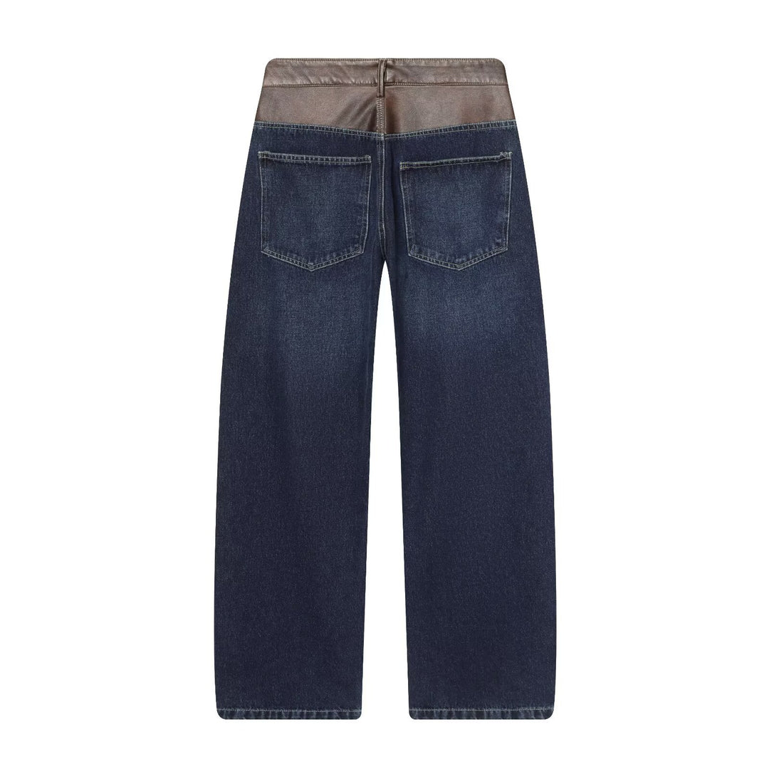 Damen hochgeschnittene Jeans mit weitem Bein und Lederbesatz am Bund Nord Taschen