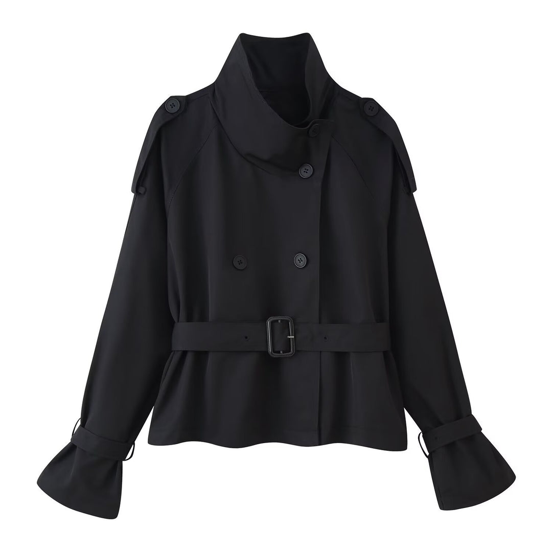 Damen Kurz-Trenchjacke im Boxy-Schnitt mit Doppelreihe und Taillengürtel Nord Taschen