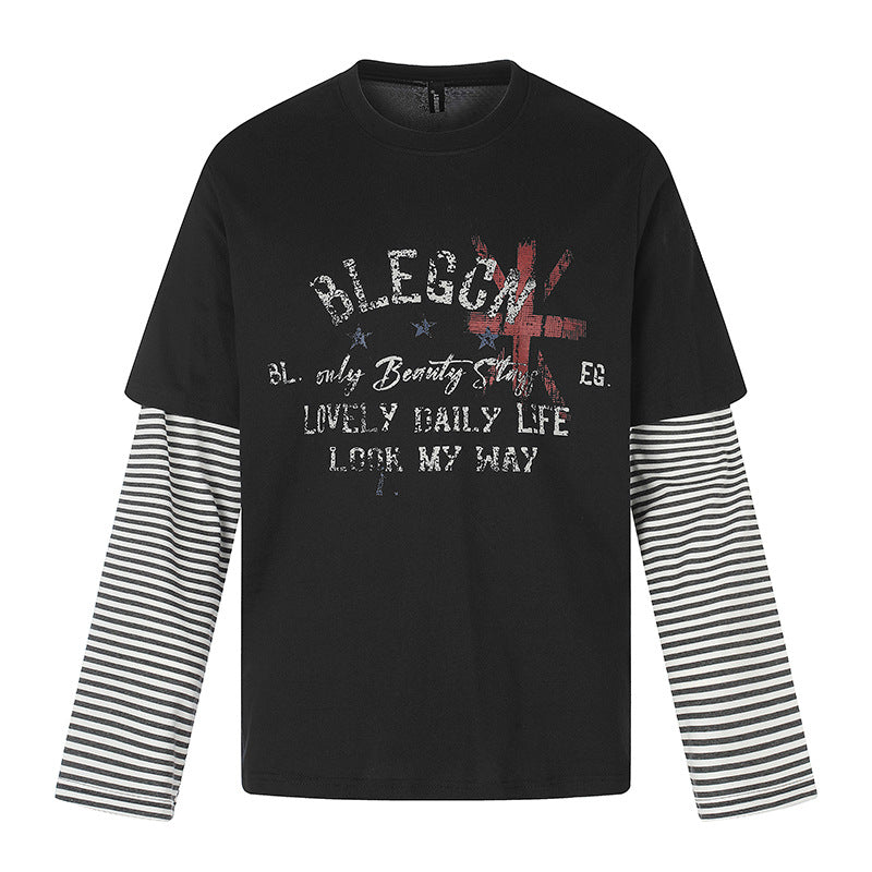 Damen Lagen-Langarmshirt mit gestreiften Einsatzärmeln und Vintage-Print Nord Taschen