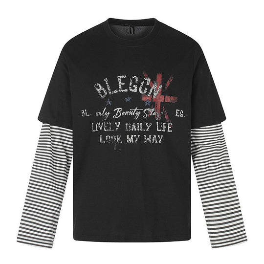 Damen Lagen-Langarmshirt mit gestreiften Einsatzärmeln und Vintage-Print Nord Taschen
