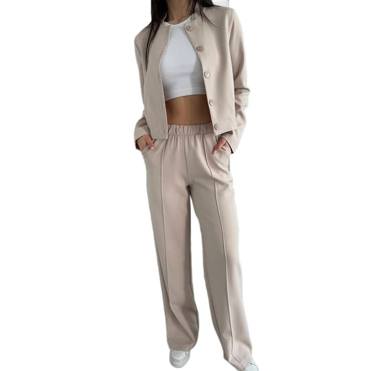 Damen Elegantes Zweiteiler-Set mit Kurzjacke und Hochbund-Faltenhose Nord Taschen