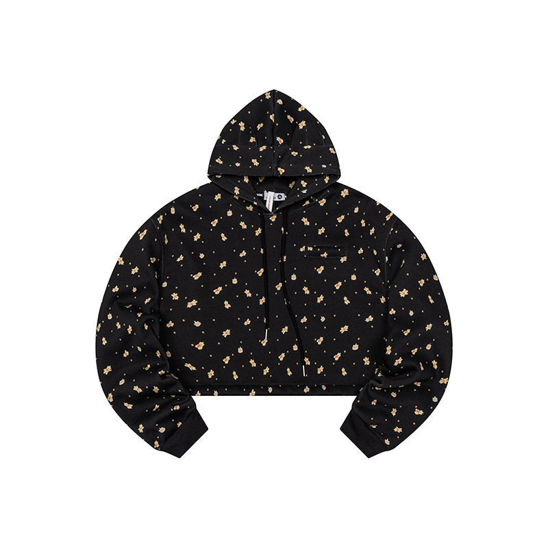 Damen Cropped Kapuzen-Sweatshirt mit Allover-Blumenprint, Brusttasche und gerafftem Saum Nord Taschen