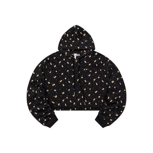 Damen Cropped Kapuzen-Sweatshirt mit Allover-Blumenprint, Brusttasche und gerafftem Saum Nord Taschen