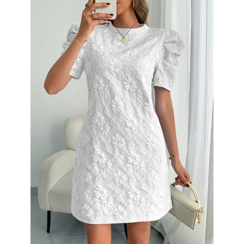 Damen Kurzarmkleid mit voluminiösen Ärmeln und floralen Stickereien
