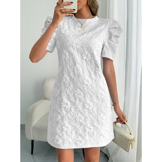 Damen Kurzarmkleid mit voluminiösen Ärmeln und floralen Stickereien