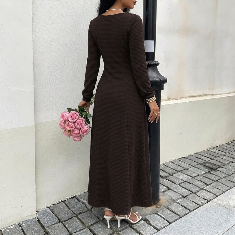 Damen Midikleid aus geripptem Feinstrick mit Schnür-Dekolleté, taillierter A-Linie und langem Arm Nord Taschen