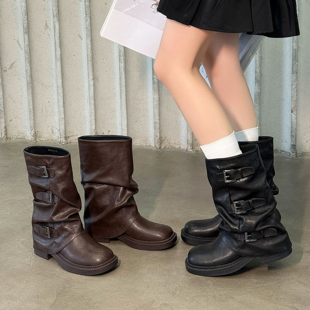 Damen modische Stiefel mit dekorativen Schnallen und robustem Profil