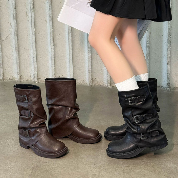 Damen modische Stiefel mit dekorativen Schnallen und robustem Profil