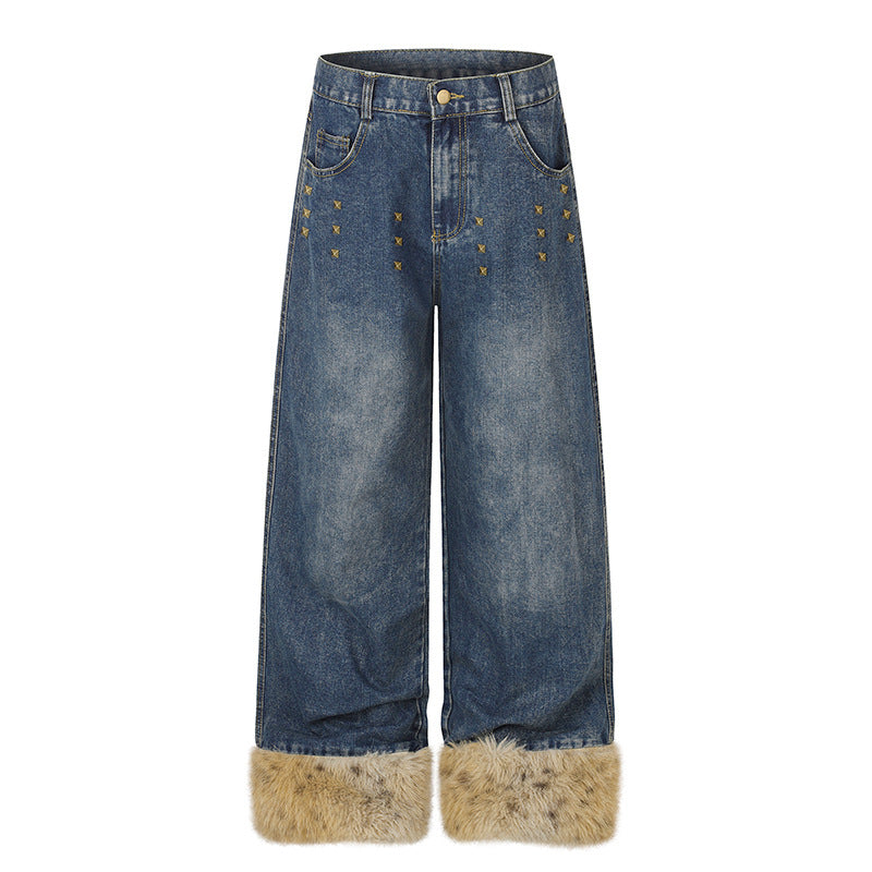 Damen Weite Denim-Palazzo-Jeans mit Fellbündchen und Nieten Nord Taschen