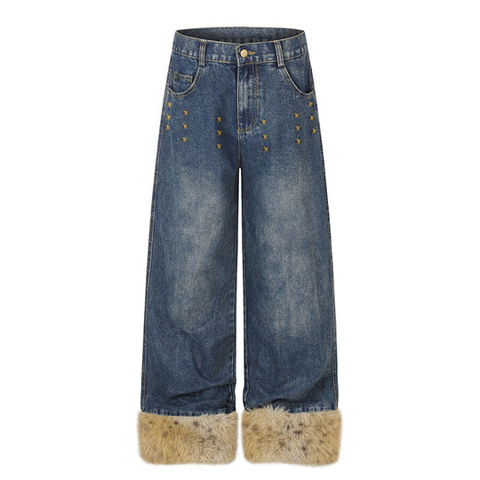 Damen Weite Denim-Palazzo-Jeans mit Fellbündchen und Nieten Nord Taschen