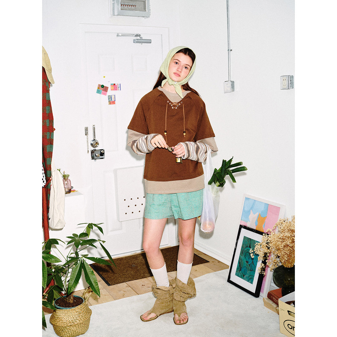 Damen Lagenlook-Sweatshirt mit Schnürung, gestreiften Ärmel-Einsätzen und asymmetrischem Saum Nord Taschen