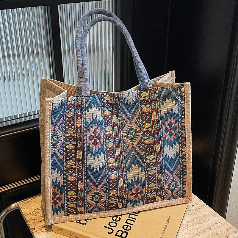 Damen Jute-Tragetasche mit kunstvollem Ethno-Muster Nord Taschen