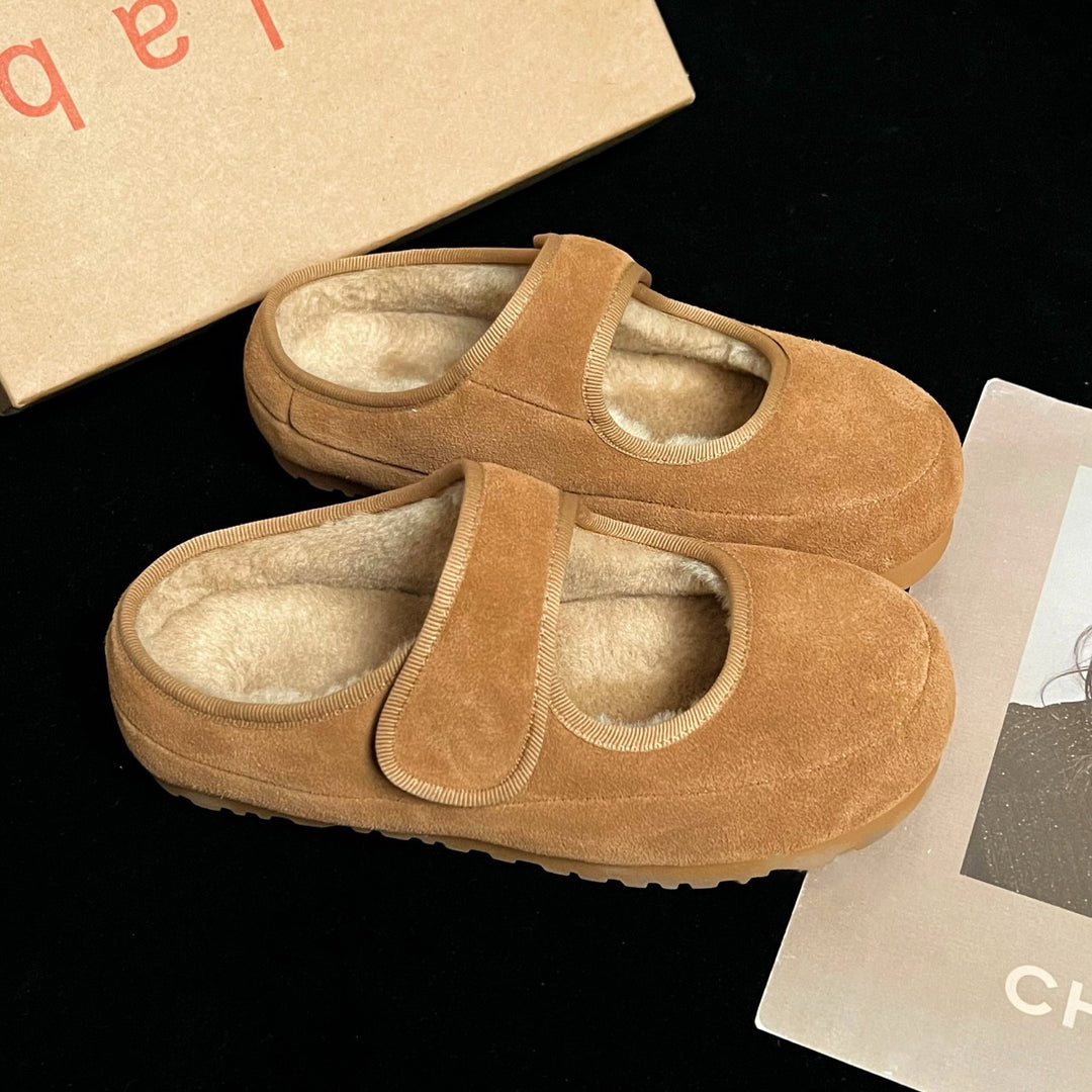 Damen Kuschelige Velours‑Mary‑Jane‑Hausschuhe mit Teddyfutter und Klettverschluss Nord Taschen
