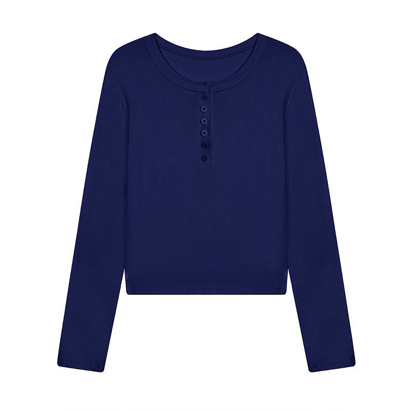 Damen Kurz geschnittenes Henley Langarmshirt aus Baumwolljersey mit Knopfleiste Nord Taschen
