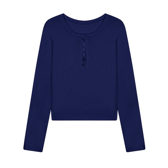 Damen Kurz geschnittenes Henley Langarmshirt aus Baumwolljersey mit Knopfleiste Nord Taschen