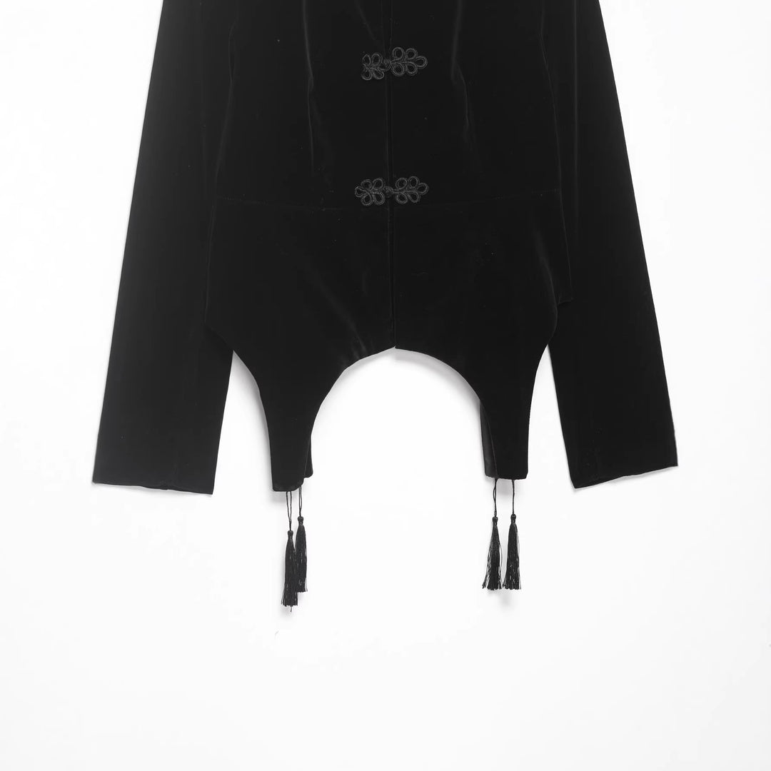 Damen Samtbolero mit chinesischem Stehkragen, Froschverschlüssen und asymmetrischem Saum Nord Taschen