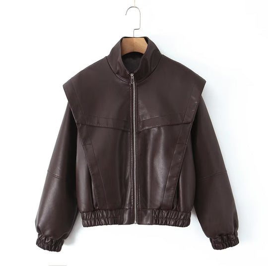 Damen Cropped Jacke im futuristischen Biker-Look aus veganer Lederoptik mit hohem Stehkragen und elastischem Saum Nord Taschen