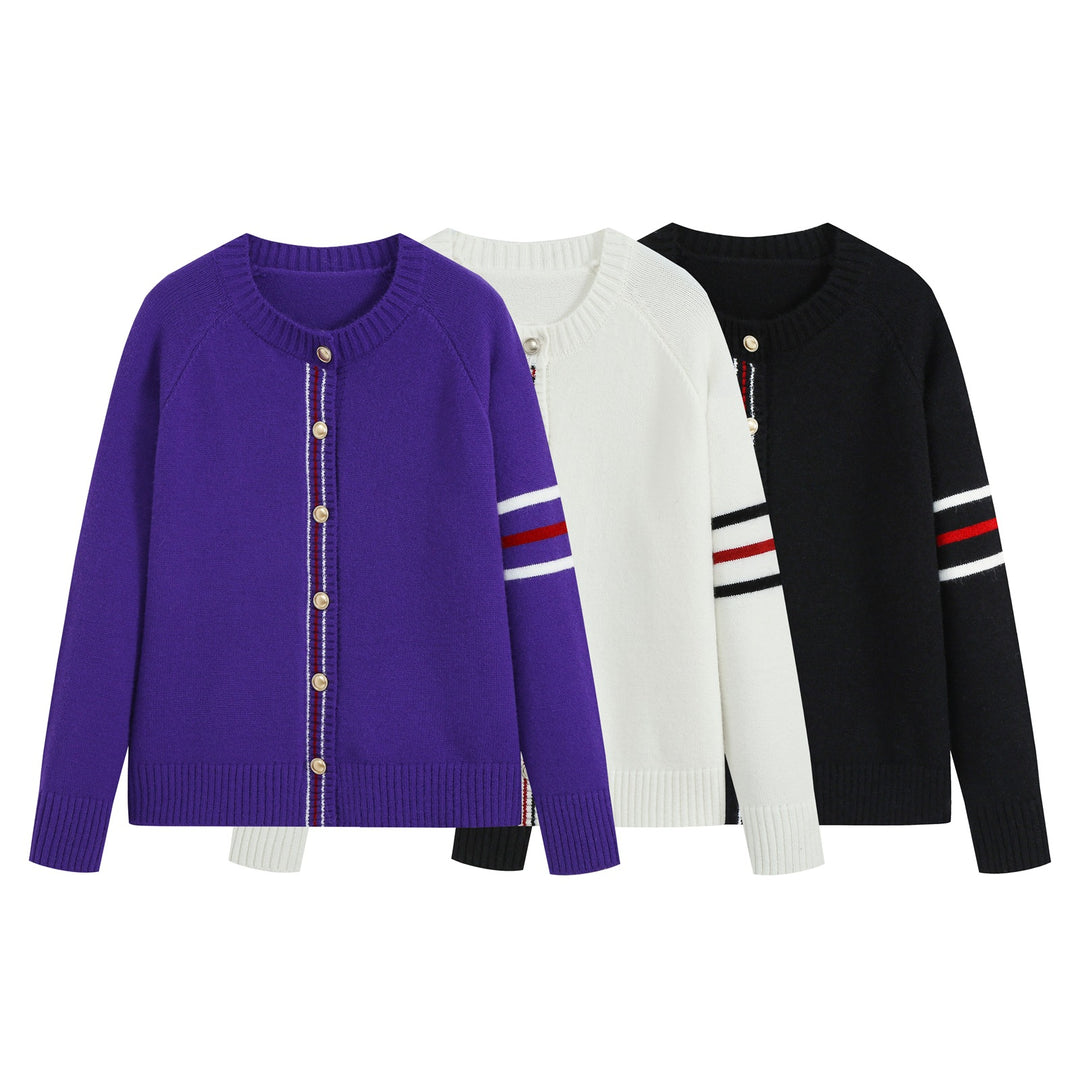 Damen Lässiger Rippstrick‑Cardigan mit Goldknöpfen und sportiven Ärmelstreifen Nord Taschen