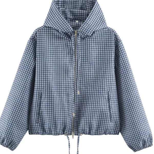Damen Karierte Cropped Kapuzenjacke mit Tunnelzugsaum und Zwei‑Wege‑Reißverschluss Nord Taschen
