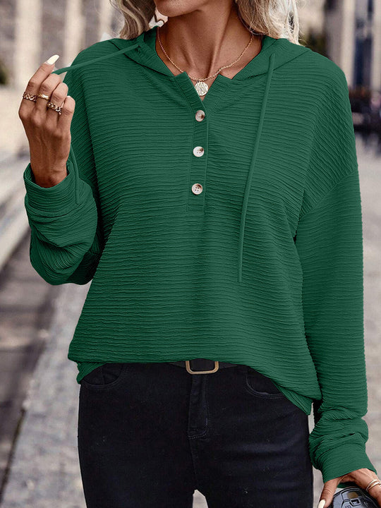 Damen Texturierter Kapuzen-Henleypullover mit Knopfleiste Nord Taschen
