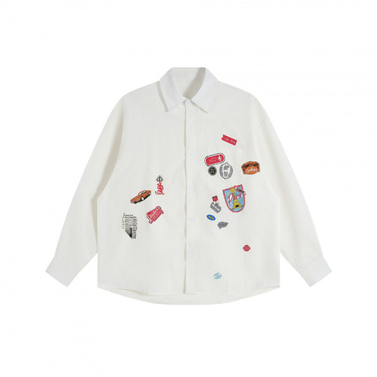 Unisex Oversize-Hemd mit aufgenähten Retro-Patch-Applikationen und kastiger Silhouette Nord Taschen