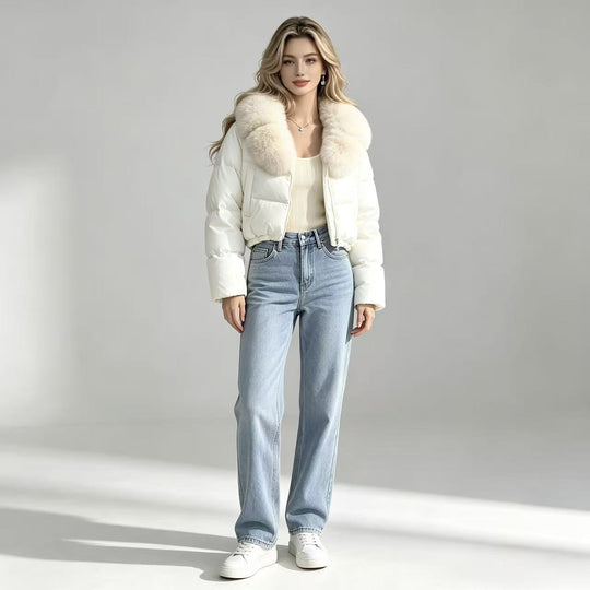Damen nan kurze gesteppte Cropped-Pufferjacke mit voluminösem Kunstpelzkragen Nord Taschen