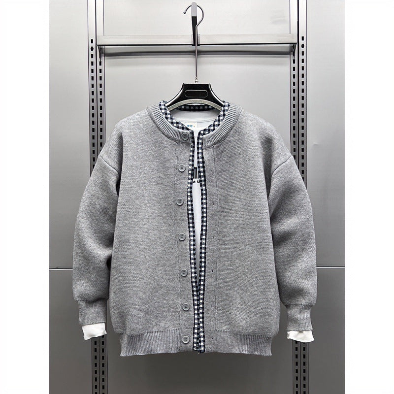Unisex Lässige Strickjacke im Layering-Look mit Rundhals und Kontrast-Karoinnenschicht Nord Taschen