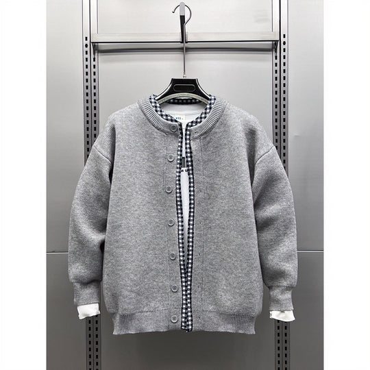 Unisex Lässige Strickjacke im Layering-Look mit Rundhals und Kontrast-Karoinnenschicht Nord Taschen