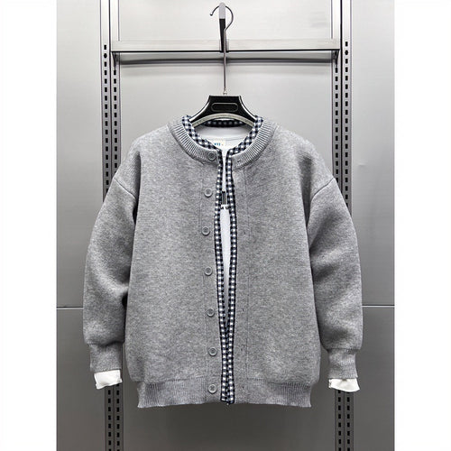 Unisex Lässige Strickjacke im Layering-Look mit Rundhals und Kontrast-Karoinnenschicht Nord Taschen