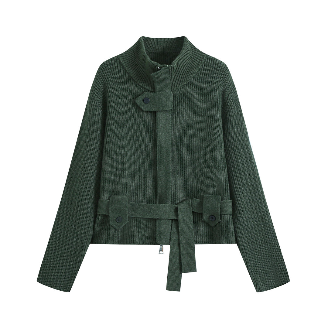 Damen Strickjacke mit Stehkragen, Reißverschluss und Taillenbindegürtel Nord Taschen