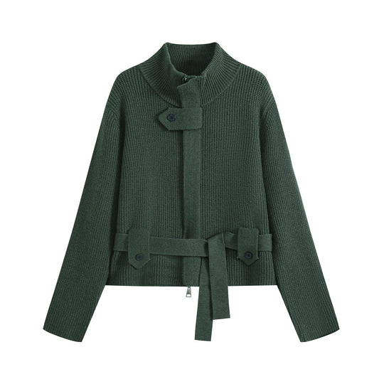 Damen Strickjacke mit Stehkragen, Reißverschluss und Taillenbindegürtel Nord Taschen