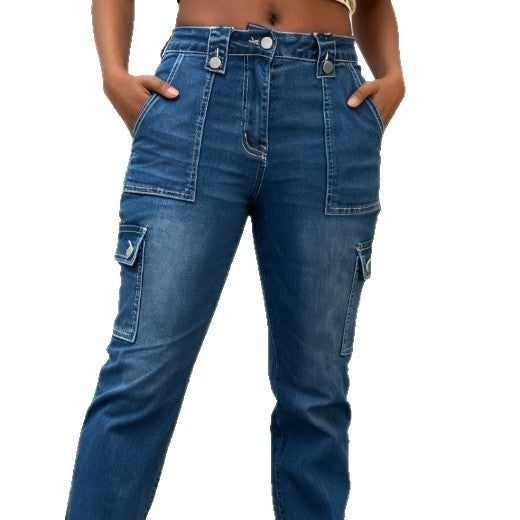 Damen Hochtaillierte Cargo-Denim-Jeans mit geradem Bein und aufgesetzten Klappentaschen Nord Taschen