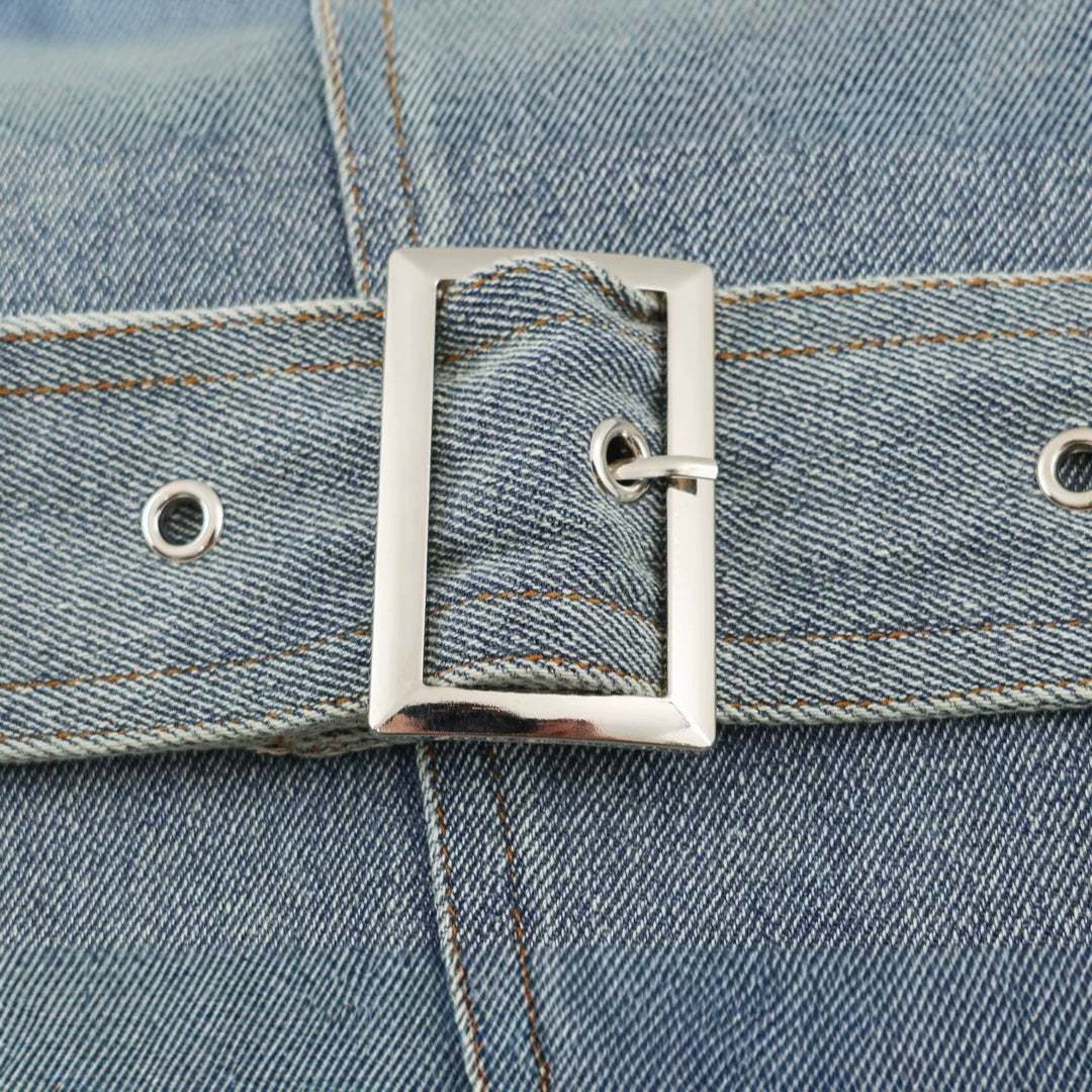 Damen Jeansjacke mit Taillengürtel und asymmetrischer Druckknopfleiste Nord Taschen