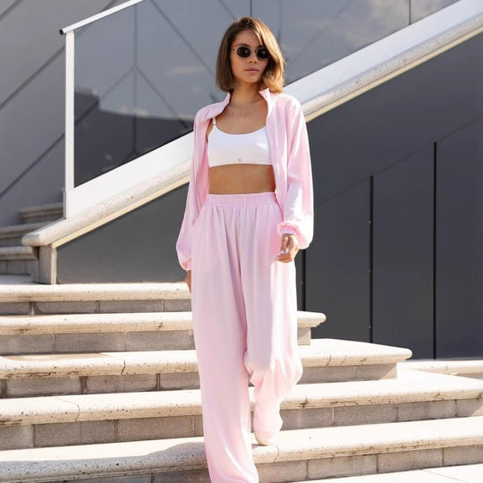 Damen lässiges Zweiteiler Set aus fließender Satinoptik mit weitem Bund und Crop-Top Nord Taschen