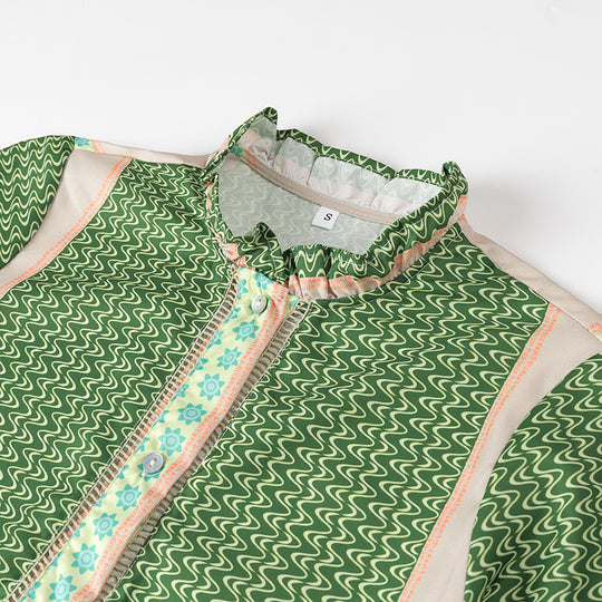 Damen Gemustertes Midilanges Mantelkleid mit Volantkragen und Stufenrock Nord Taschen