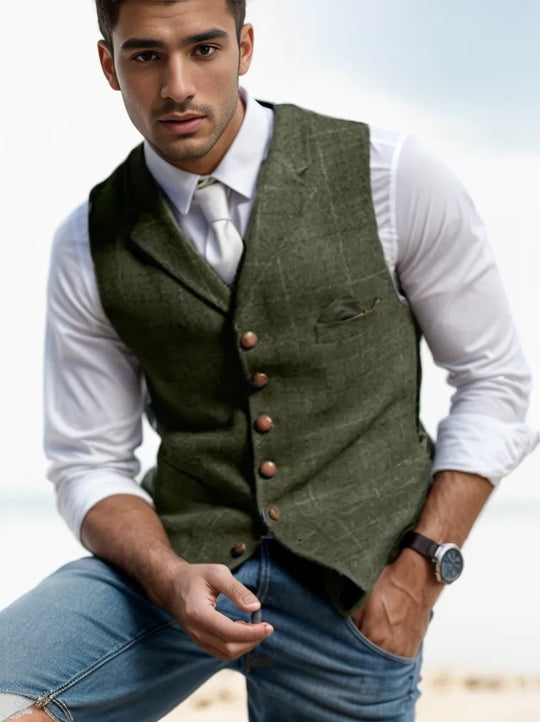 Herren Tweed-Weste im Vintage-Stil mit Revers, Brusttasche und Zierkettendetail Nord Taschen