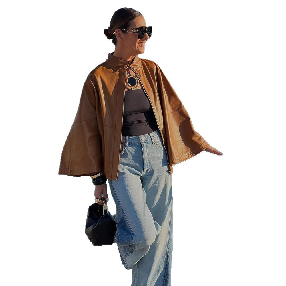 Damen Cape-Ärmige Lederjacke mit Stehkragen Nord Taschen