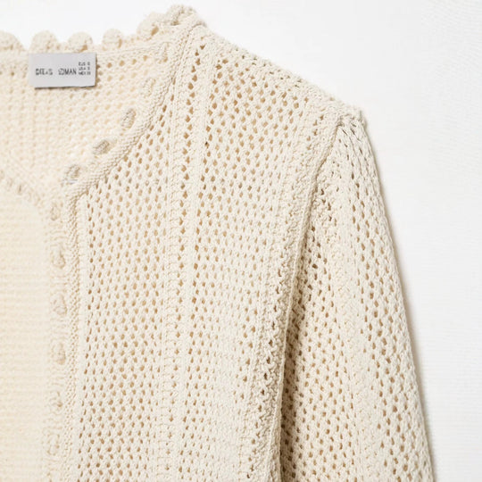 Damen Gehäkelte Kurzstrickjacke mit Scallop-Kante und Ajour‑Lochmuster Nord Taschen
