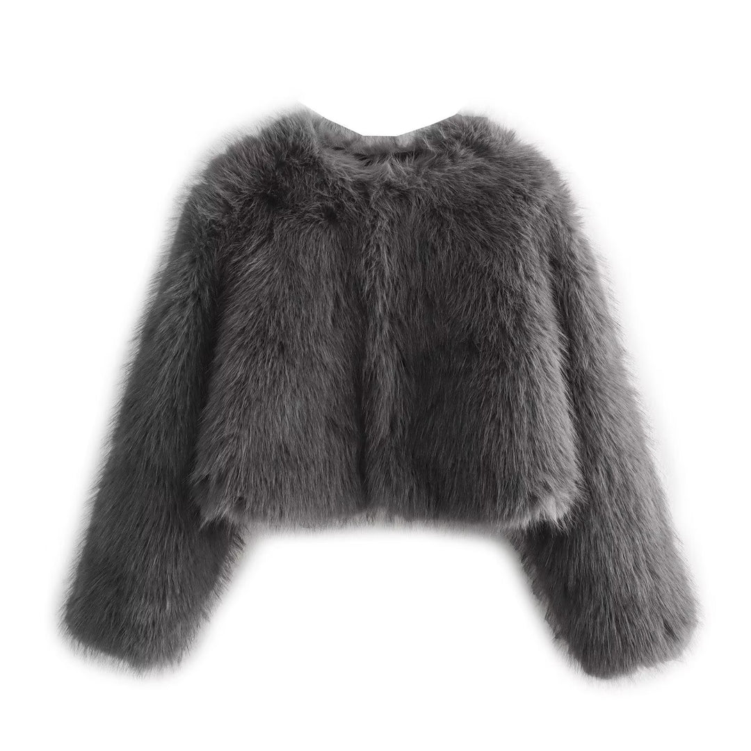 Damen 400+ kurze Kunstfelljacke im Cropped‑Cut mit V‑Ausschnitt und gerade geschnittenen Ärmeln Nord Taschen