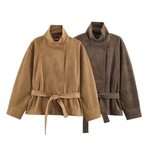 Damen Kurzjacke aus Velourslederoptik mit Stehkragen und Bindegürtel Nord Taschen