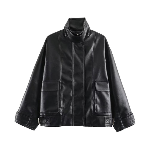 Damen Oversize Kunstlederjacke mit hohem Stehkragen, aufgesetzten Taschen und verstellbaren Schnallen Nord Taschen