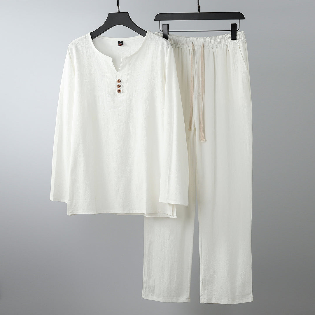 Damen Komfortables Baumwoll-Loungewear-Set mit Henley-Ausschnitt und Kordelbundhose Nord Taschen