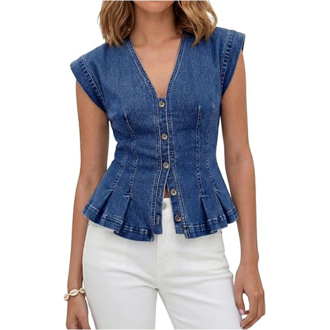 Damen Tailliertes Jeans-Top mit Schößchen und Knopfleiste Nord Taschen